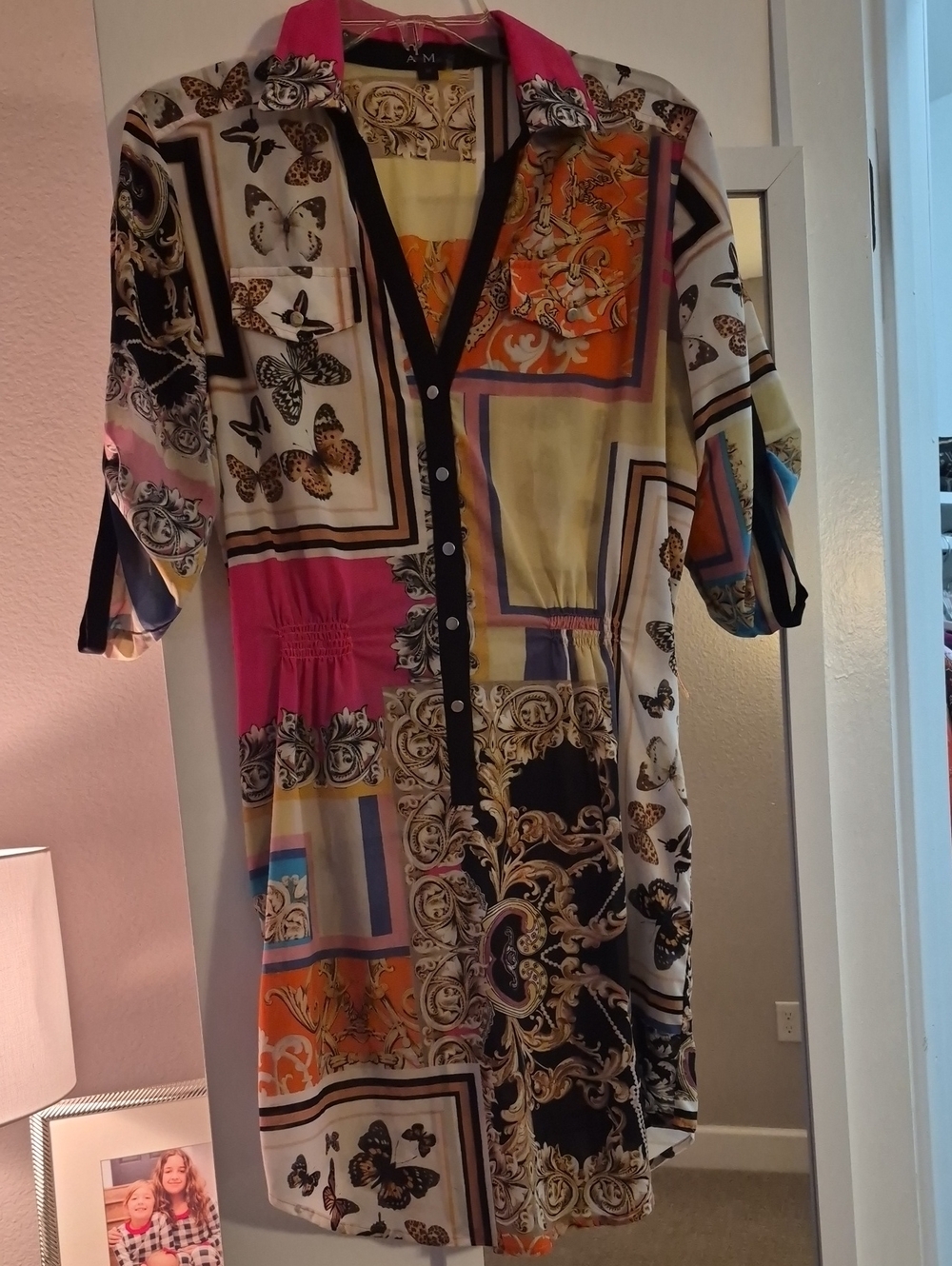 Floral & Butterfly Print Button-Front Shirt Dress in Pink/Multicolor